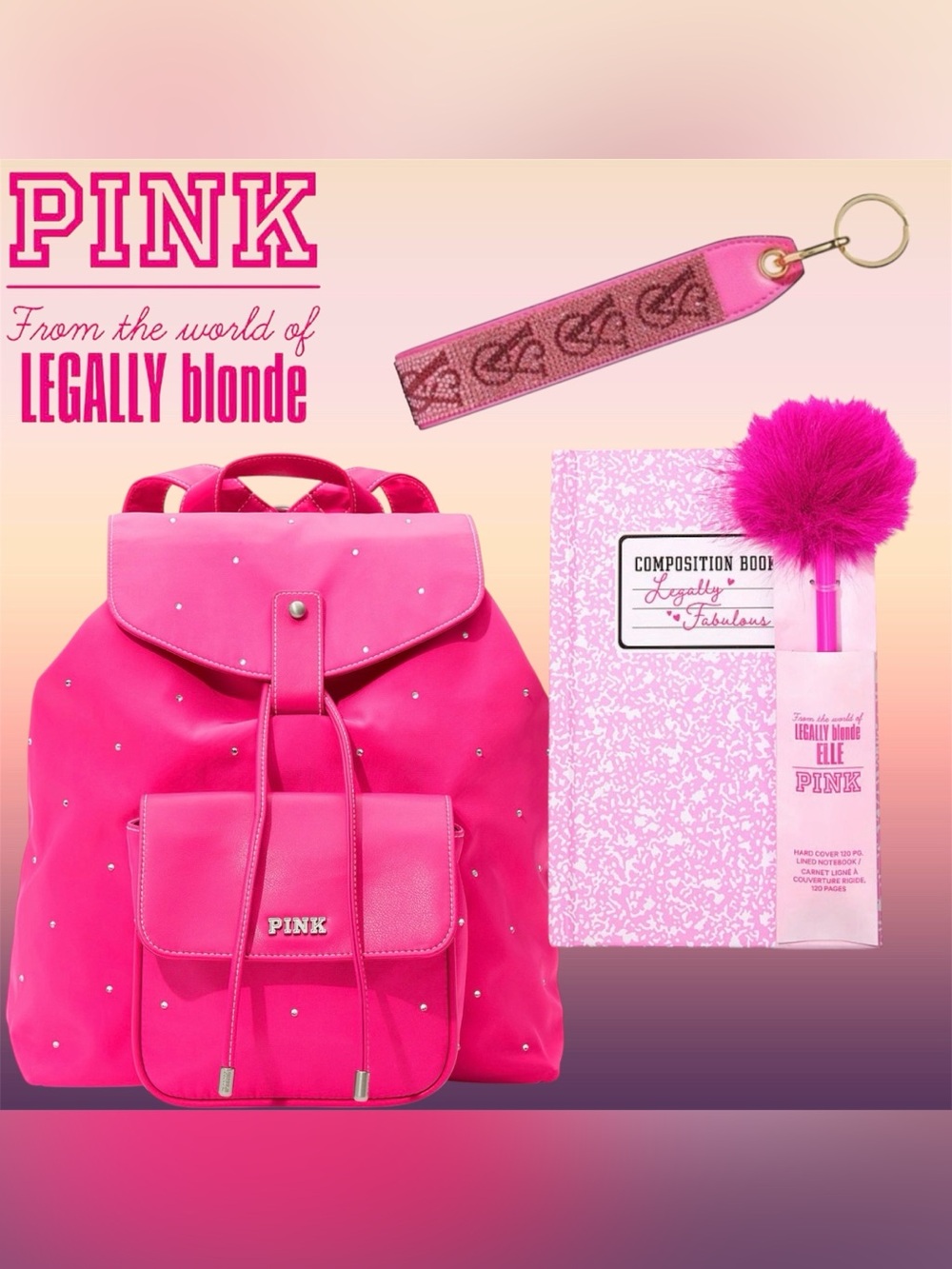 PINK x Legally Blonde Limited Edition Backpack Notebook Pen Keychain Bundle